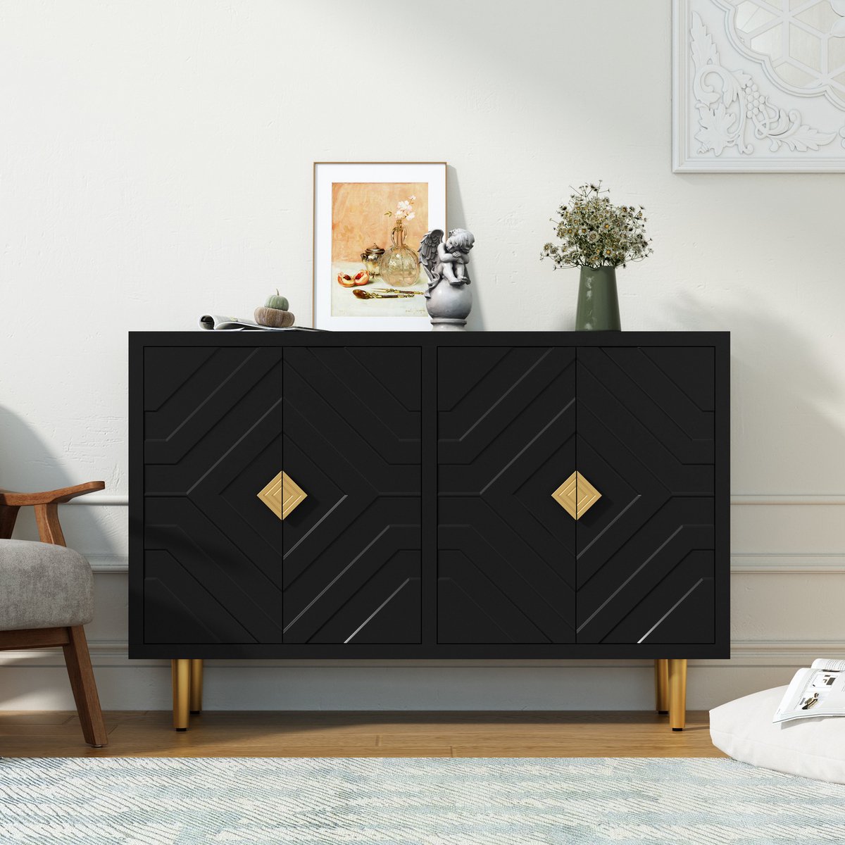 HOLTICO Opbergcollectie - Dressoir - Voorzien van vier deuren - Ruime bergruimte - Multifunctioneel voor woonkamer, keuken en slaapkamer zwart