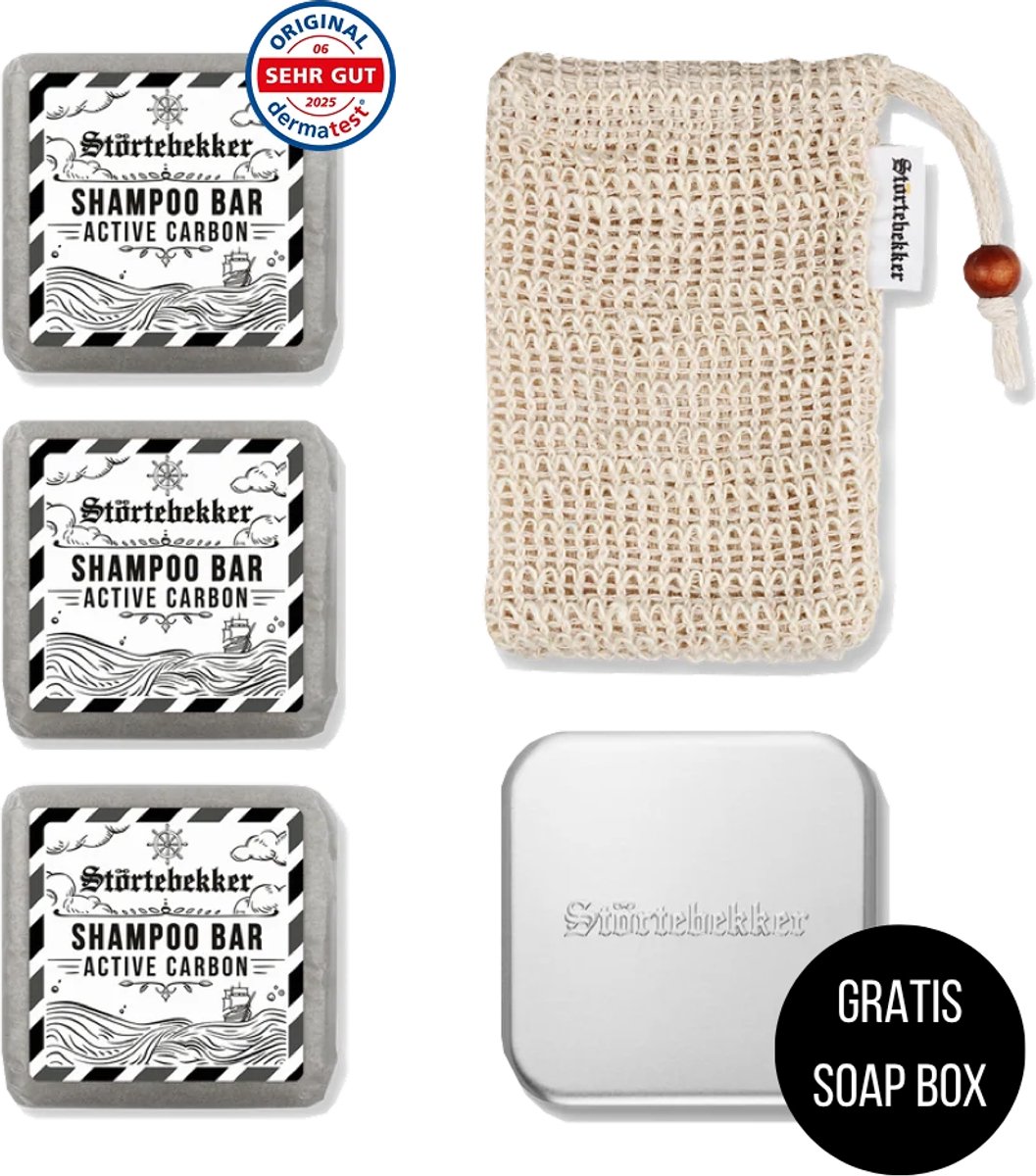 Störtebekker® Premium Doucheset Hair - Vaste shampoo (100 g x3), sisalzakje + GRATIS aluminium zeepdoosje - Shampoo Bar Set - Solid shampoo Set- Handgemaakt in NL