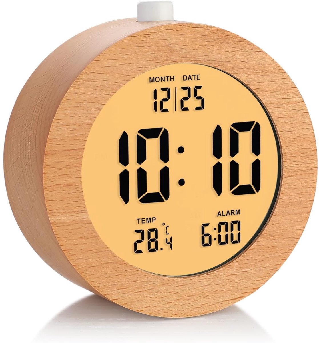 Digitale Houten Wekker – Rond – 10 cm – Met Snooze & Nachtlampje – Temperatuur & Datum