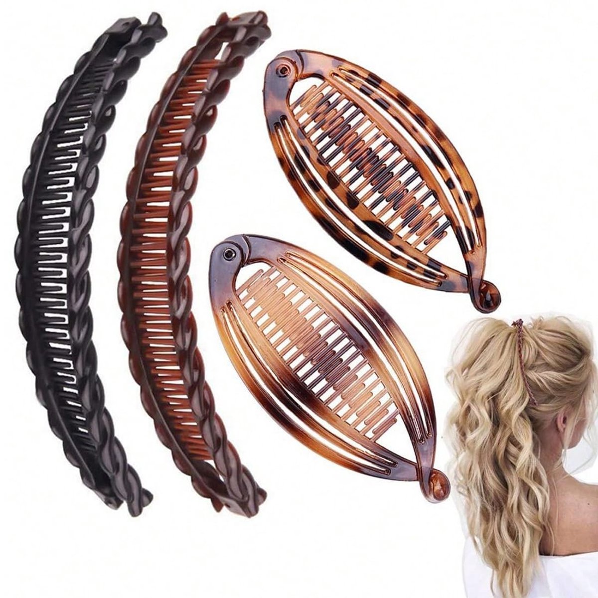 Solidchoice - Set van 4 Bananenhaarklemmen - Retro Haaraccessoires voor Vrouwen en Meisjes