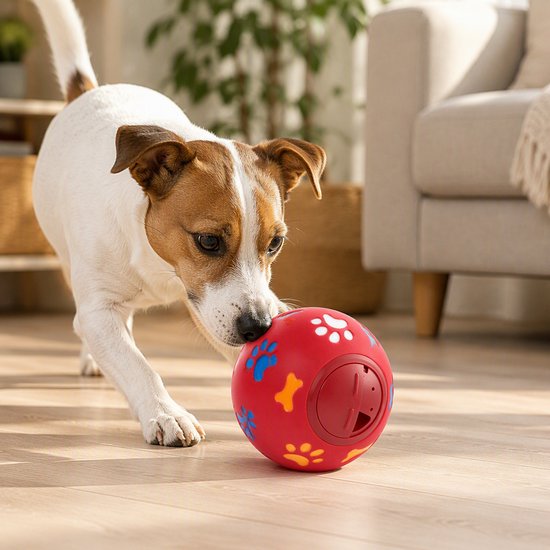 Een hond duwt met zijn neus tegen een rode bal met poot- en botafdrukken.