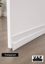Transparante tochtstrip met ribbelpatroon, bevestigd aan de onderkant van een witte deur en houten vloer.