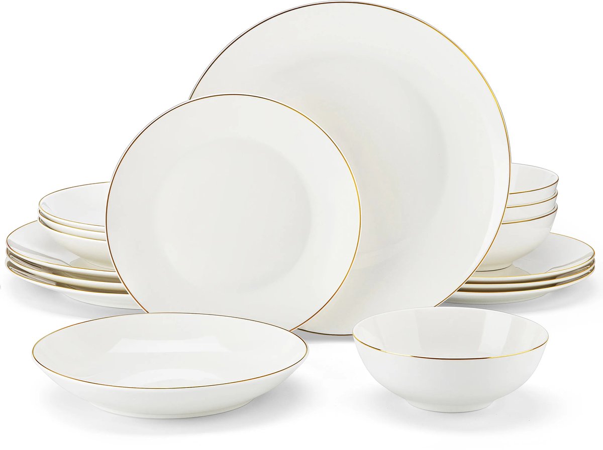 Home & Beyond® Dinerset 16-delig - Porseleinen Serviesset voor 4 Personen - Rond Servies met Gouden Rand - Witte Borden en Kommen - 27 cm