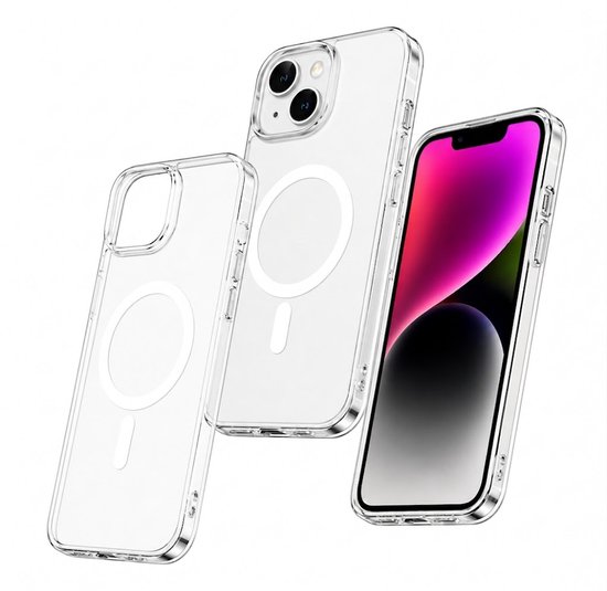 Doorzichtige iPhone 14 hoes met MagSafe ring en zilveren rand, naast een iPhone 14.