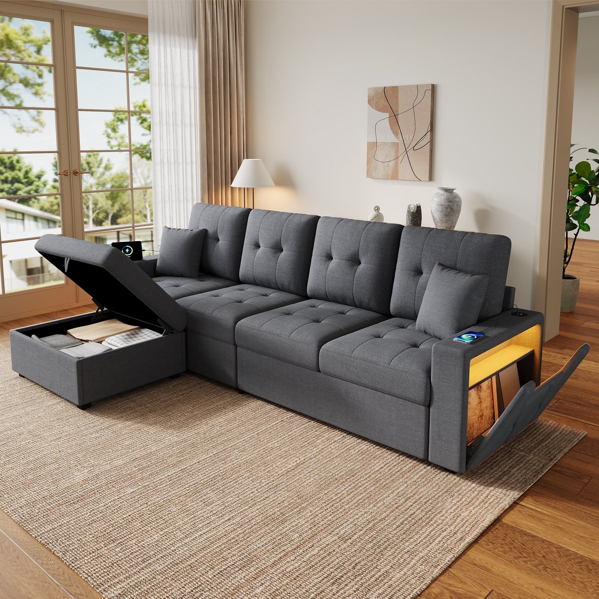 Comfortabel en ruim L-förmige sofa voor de hele familie - 253x144.5x80.7 cm, Antiekgrijs
