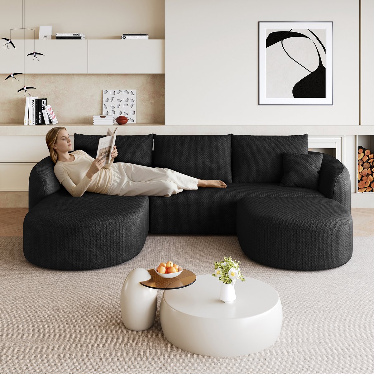 Cloud Sofa - U Vormige Modulaire Bank Chenille - Grote 5 Persoons Lounge Hoekbank - Zachte Diepe Zitbank Zonder Montage - Frameloze Sofa Voor Woonkamer Zwart