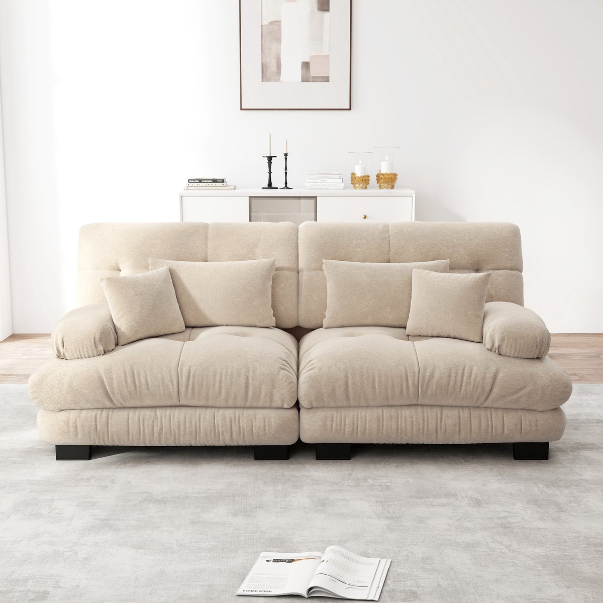 Modulaire Hoekbank - Chenille Cloud Bank 2-Zits Lounge Bank Met Kussens - Zachte Diepe Zitbank Voor Woonkamer - Lichtbruin