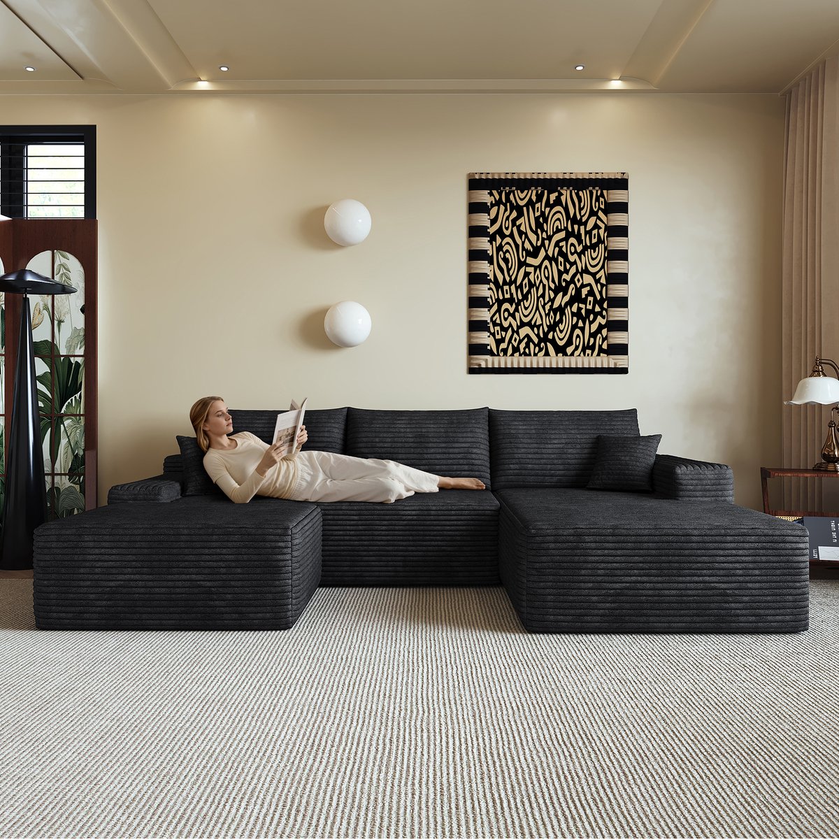 Modulaire Hoekbank - 4-Zits Corduroy Cloud Sofa Met Longchair - Frameloze Lounge Bank Met Diepe Zit En Schuimvulling - XXL L-Vormige Bank Zonder Montage Voor Woonkamer - Zwart
