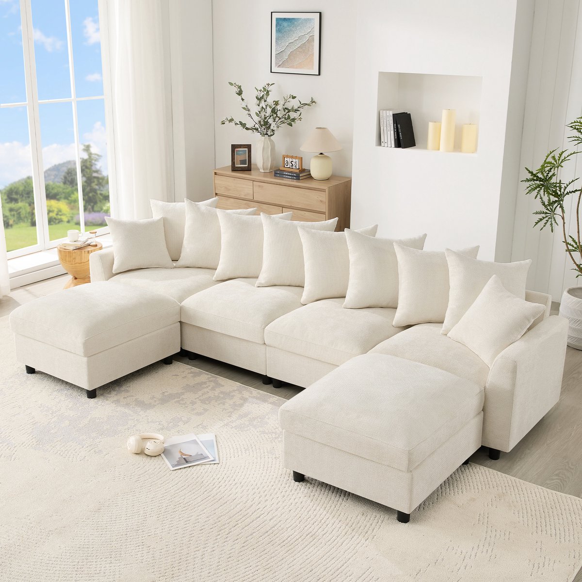 Modulair U-/L-vormig hoekbank 6-zitter - Chenille Bank Met USB/Type-C Ladeaansluiting - 283x153.5x78.5 cm, Beige