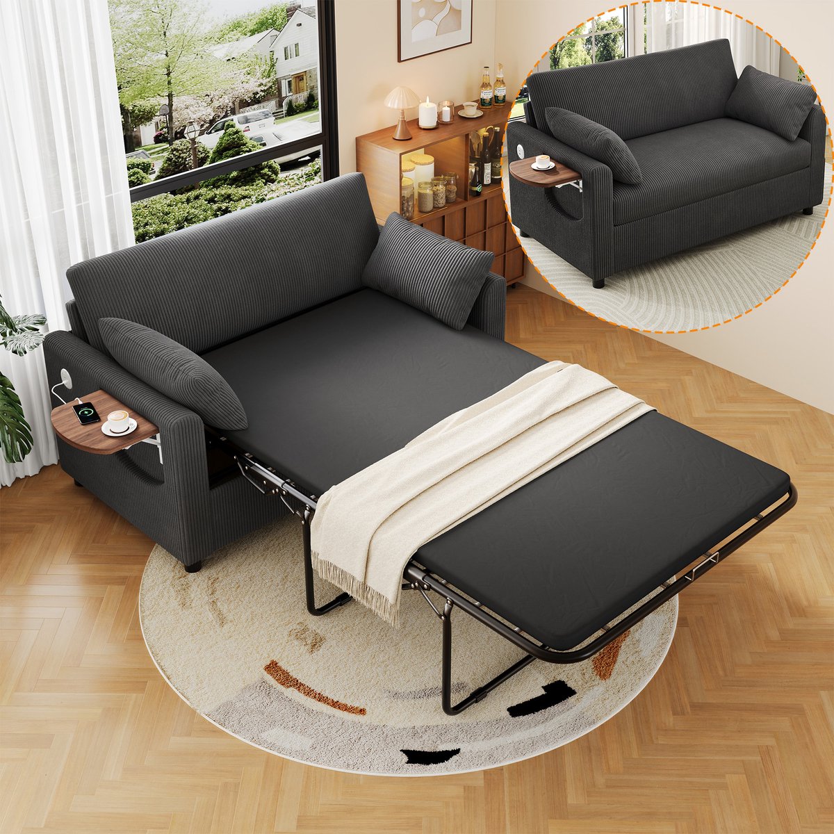Modern Tweezits Corduroy Sofabed - Uitklapbaar voor Comfortabel Slapen - 134x82x84 cm, Grijs