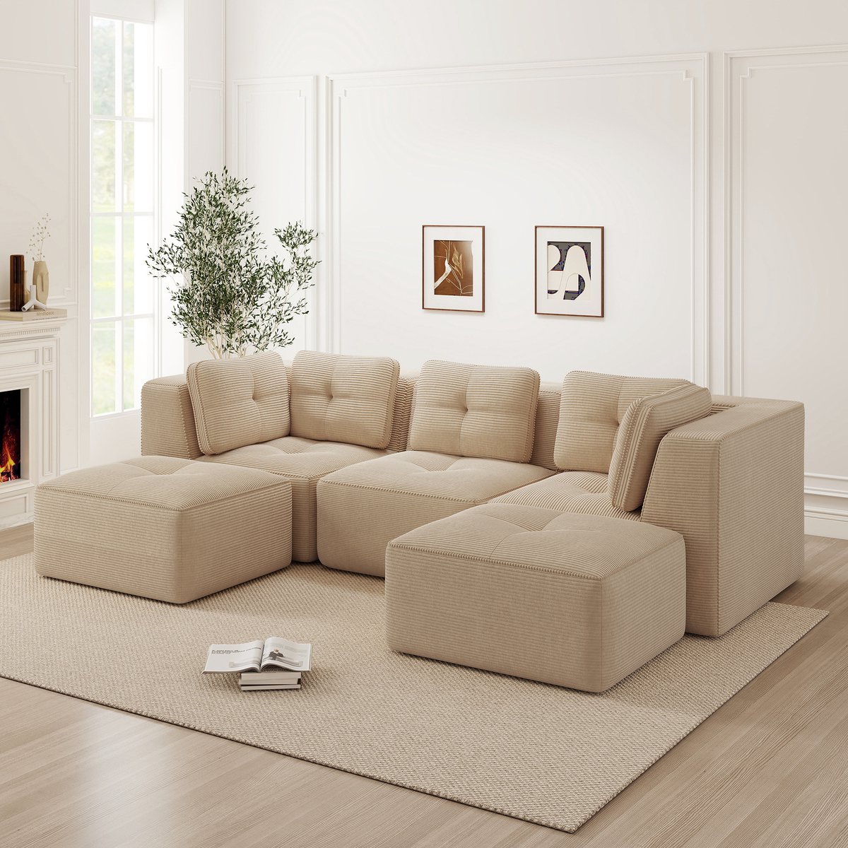 U-Vormige Modulaire Bank - 3 Persoons Corduroy Hoekbank - Luxe Cloud Sofa Met Voetenbank - Diepe Zit Lounge Bank Met Zachte Bekleding - Moderne Beige Sofa Voor Woonkamer