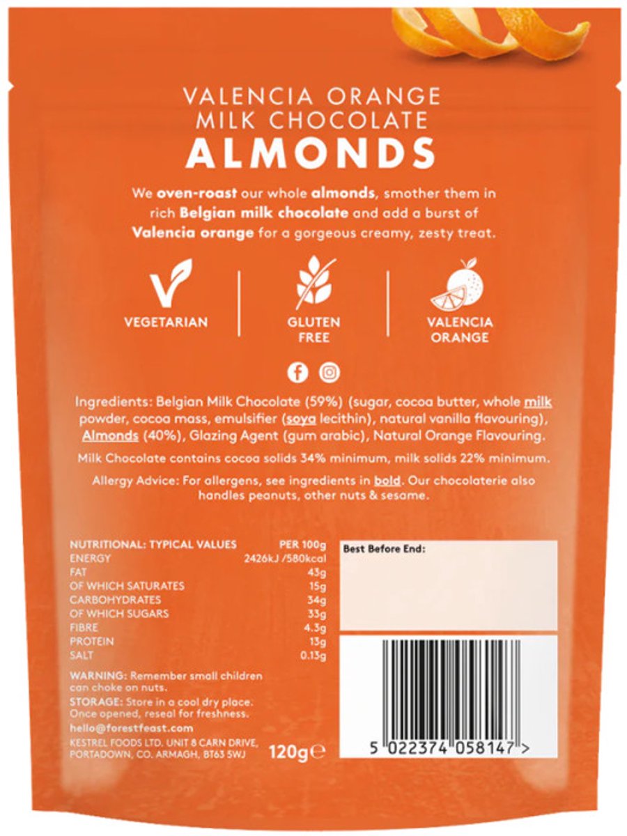 Forest Feast Valencia Orange amandelen met melkchocolade, 120 g