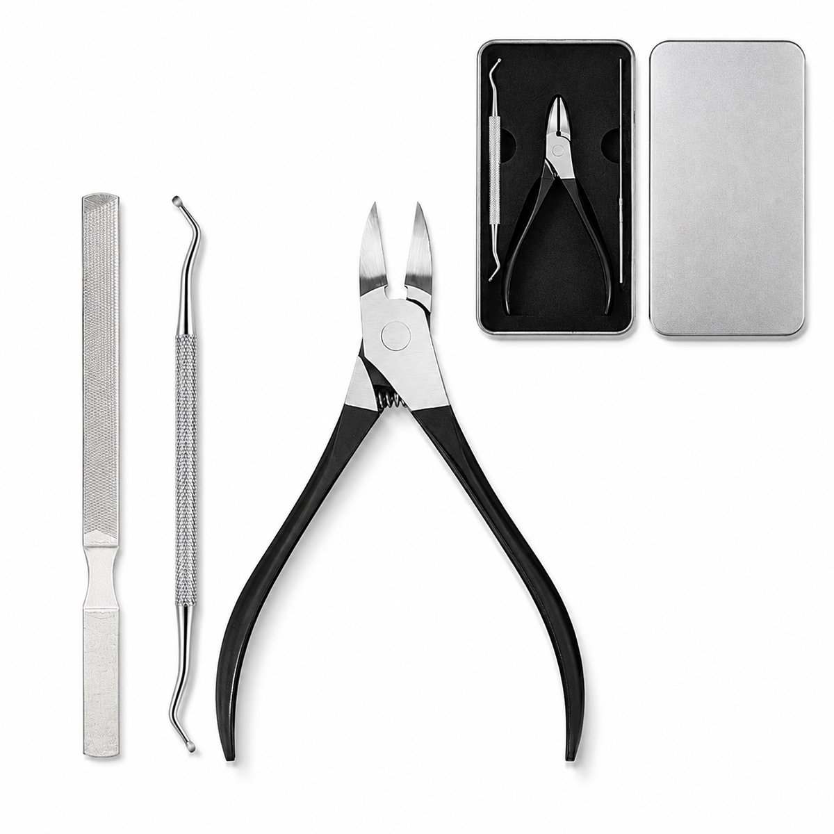 Nageltang voor Harde & Dikke Teennagels – RVS Teennagelknipper – Brede Opening – 4-delige Pedicureset - Metalen Opbergdoos - Zwart