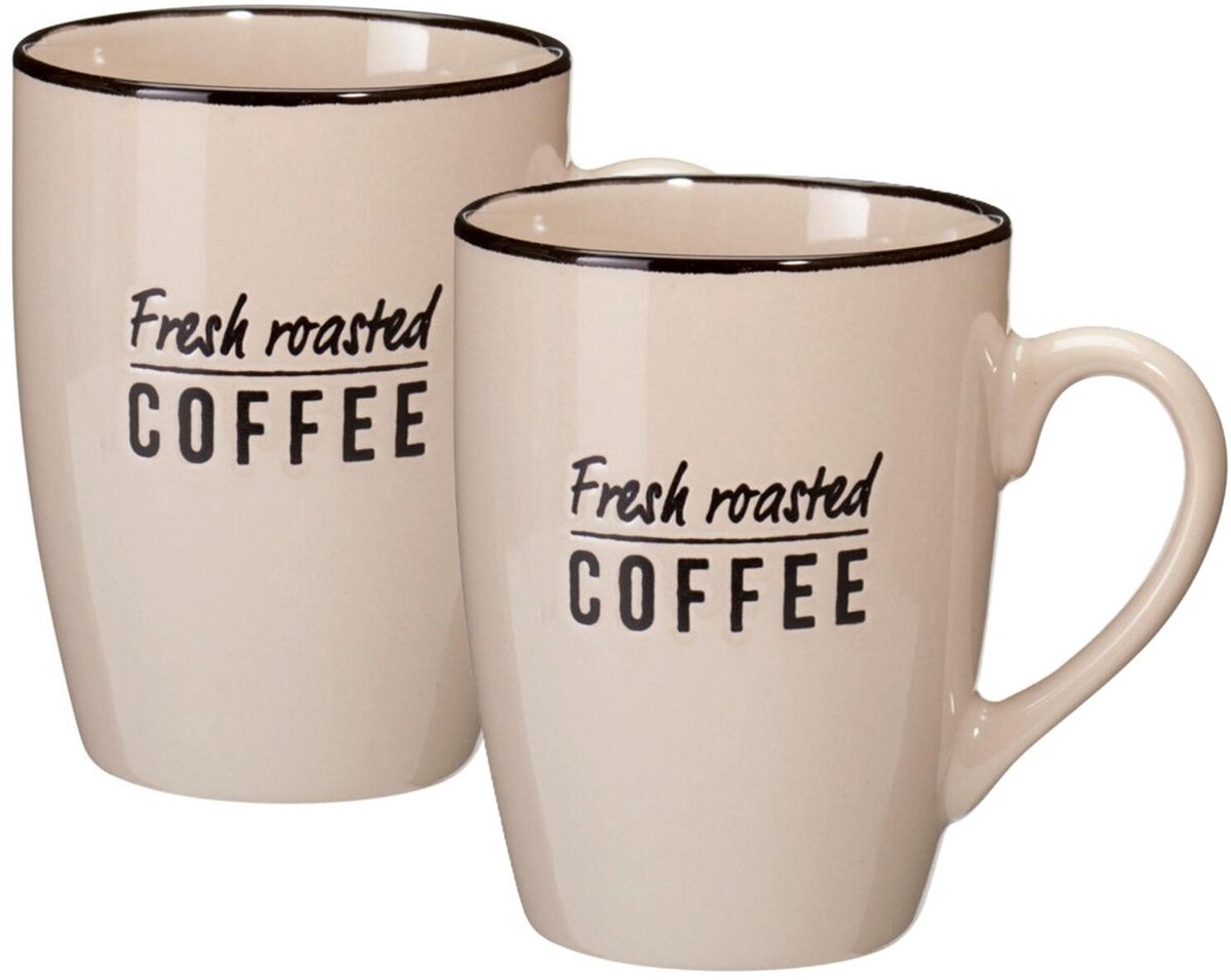 Siaki koffie kopjes Barista Cafe - 2x stuks - beige - 340 ml - mokken - keramiek - 10 cm - met koffie thema teksten