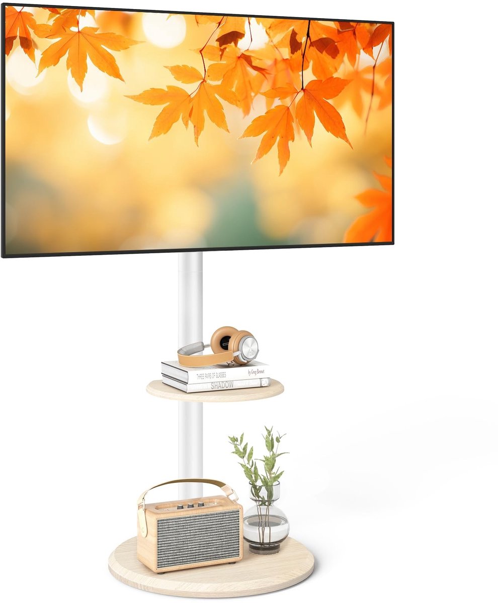 Solidchoice - Mobiele TV-houder voor 32-65 inch - Verstelbare TV-trolley met ronde houten voet
