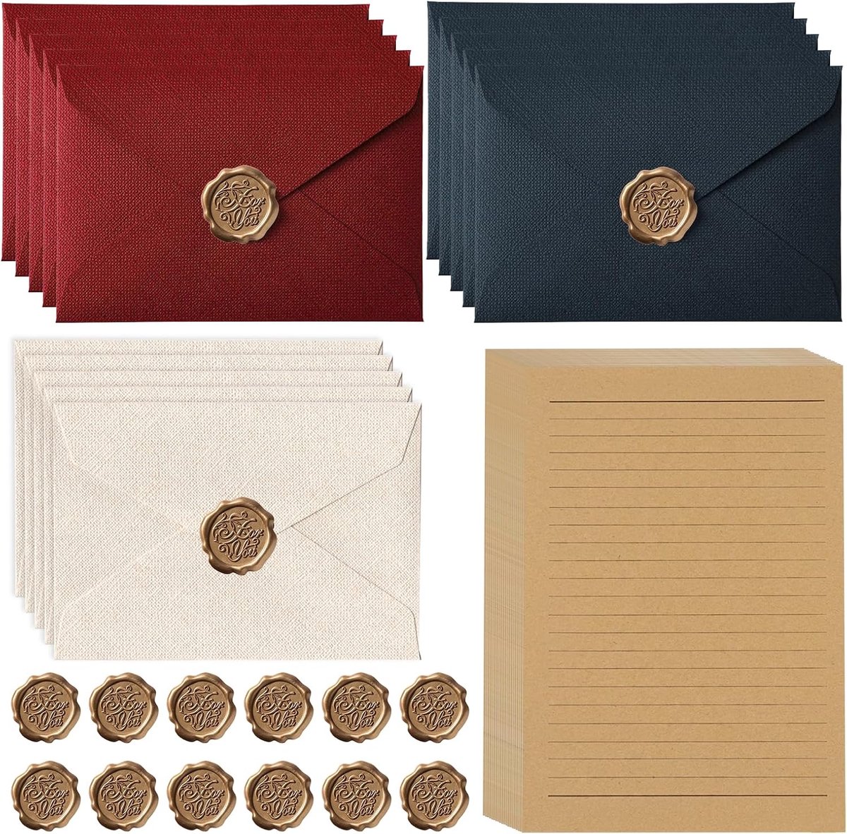 Briefpapier set 50 stuks - vintage enveloppen en waszegels - retro design - perfect voor liefdesbrieven - SnelShoppen