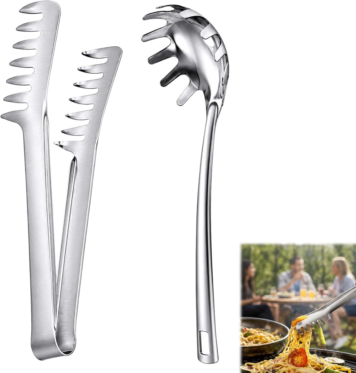 Spaghettilepel set van 2 - roestvrij staal - ergonomische handgreep - ideaal voor pasta en salade - SnelShoppen