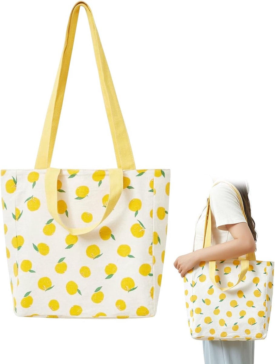 Katoen-Linnen Shopper 31 x 10 x 31 cm - Dubbelzijdig met citroenprint - Verstevigde handgrepen - SnelShoppen
