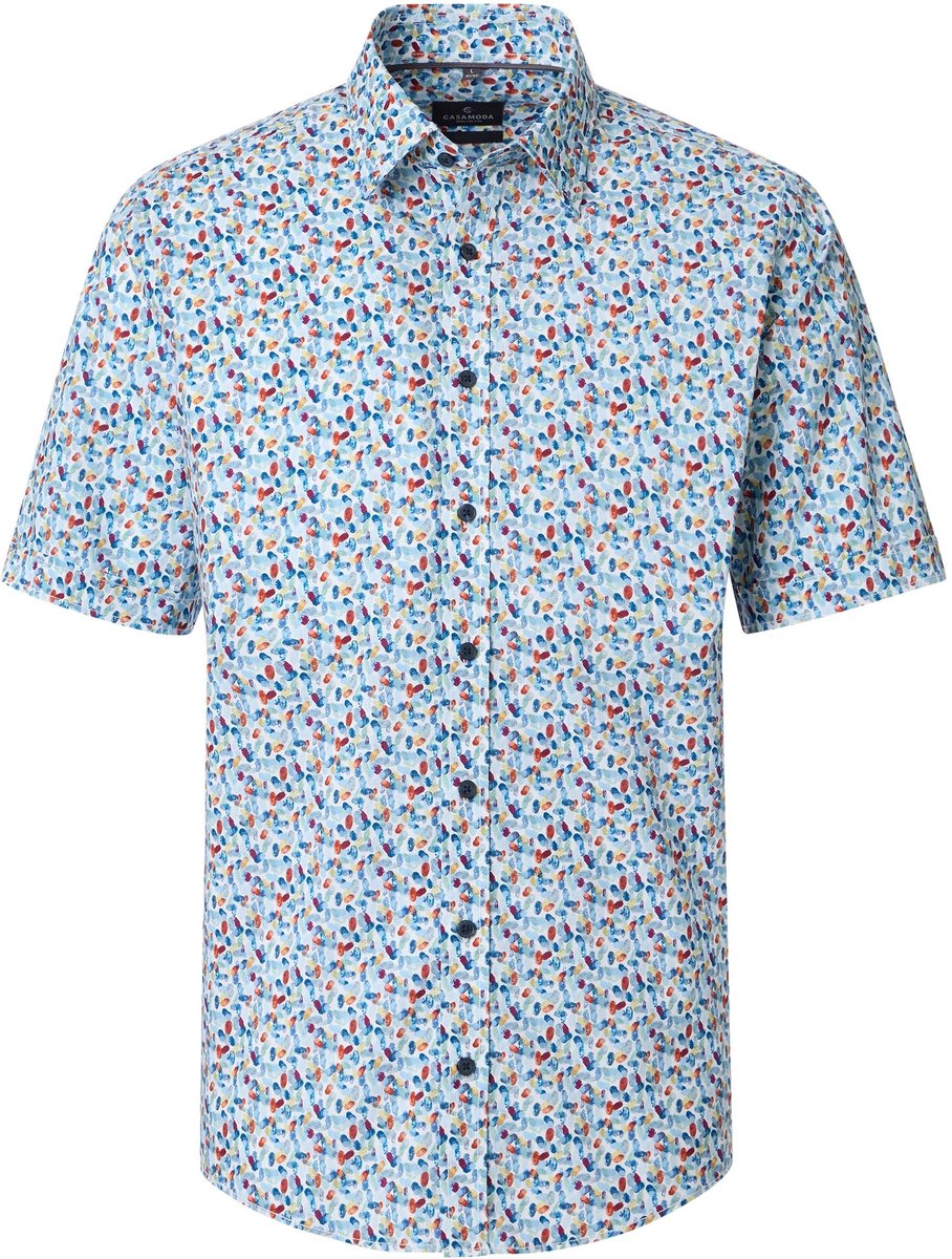 CASA MODA Sport casual fit overhemd - korte mouw - chambray - wit met blauw - rood en geel dessin