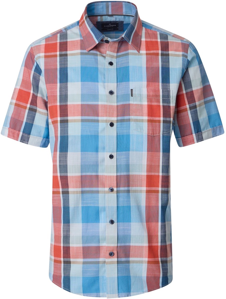 CASA MODA Sport casual fit overhemd - korte mouw - chambray - blauw - oranje - wit geruit