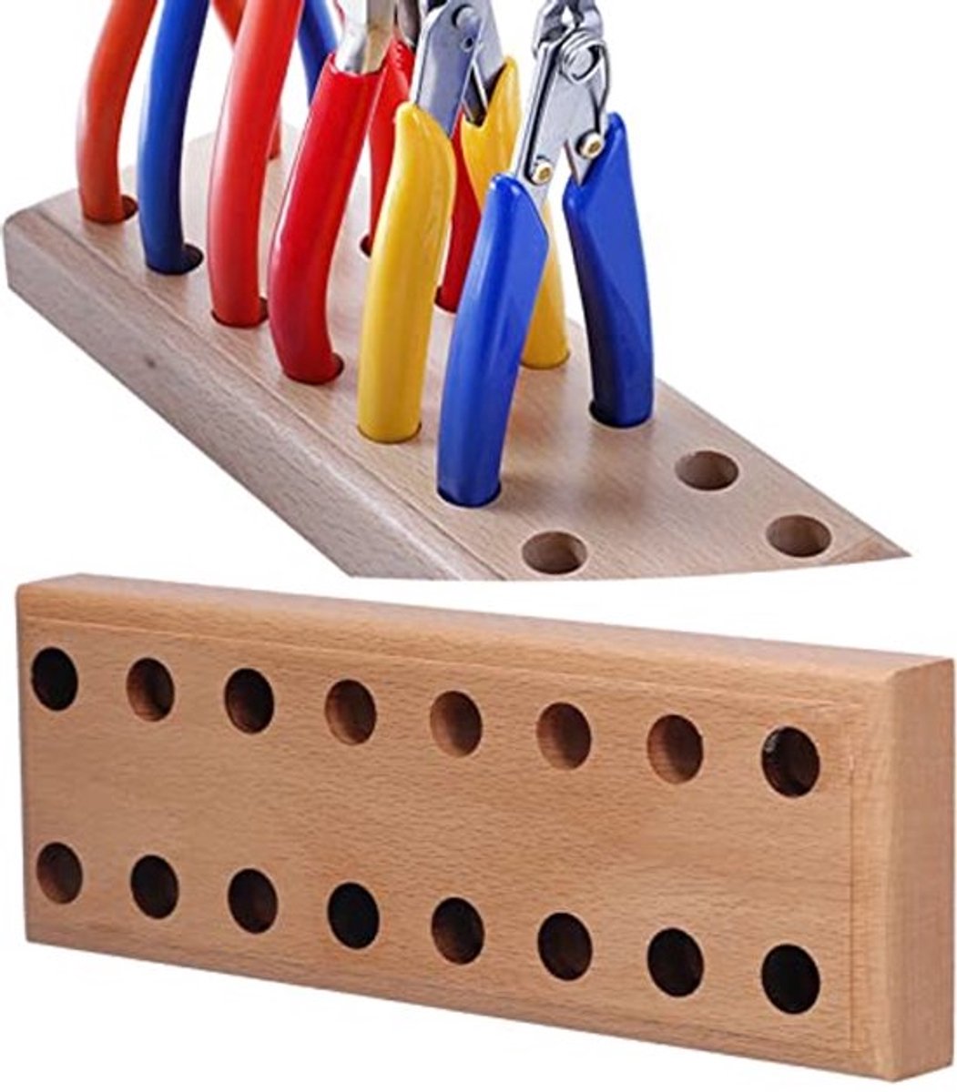 Houten plier organizer met 16 gaten voor het overzichtelijk opbergen van tangen en gereedschap, stevige basis van dennenhout voor werkplaats en gereedschapskist