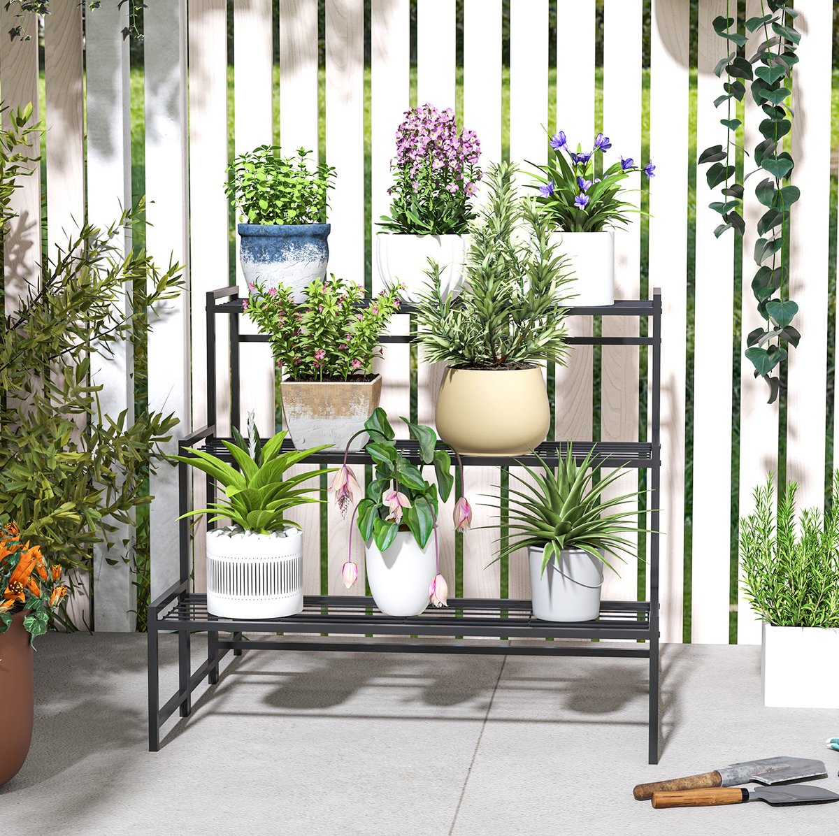 FloraGrace Plantenstandaard 3 Laags Voor Binnen En Buiten – Metalen Plantenrek – 75 X 70 X 66 Cm – Zwart – Voor Bloemen, Planten En Decoratie