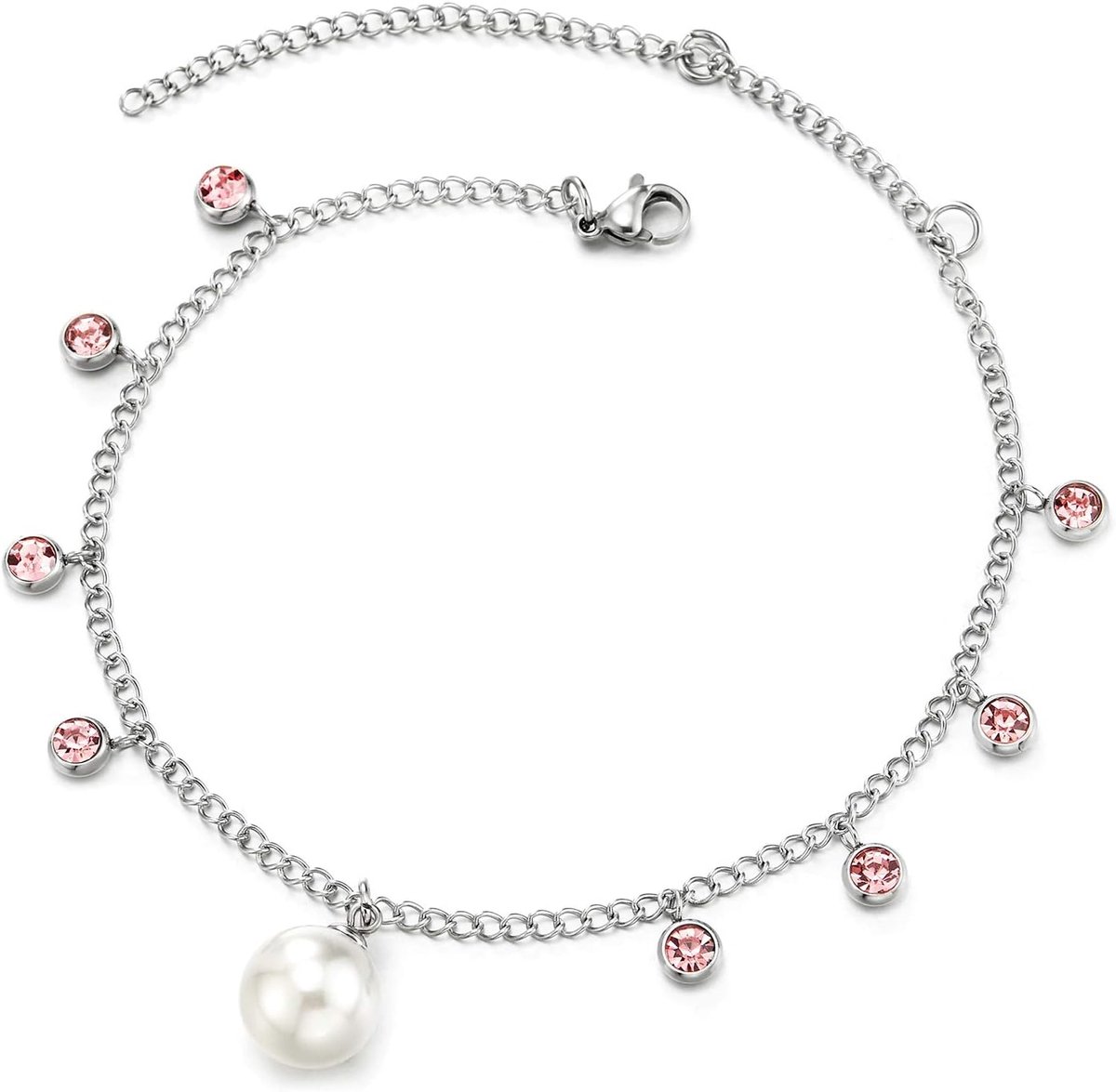 Stalen schakelketting enkelband armband - met bungelende parel - cirkel charme - stijlvolle accessoire - ShopVlot