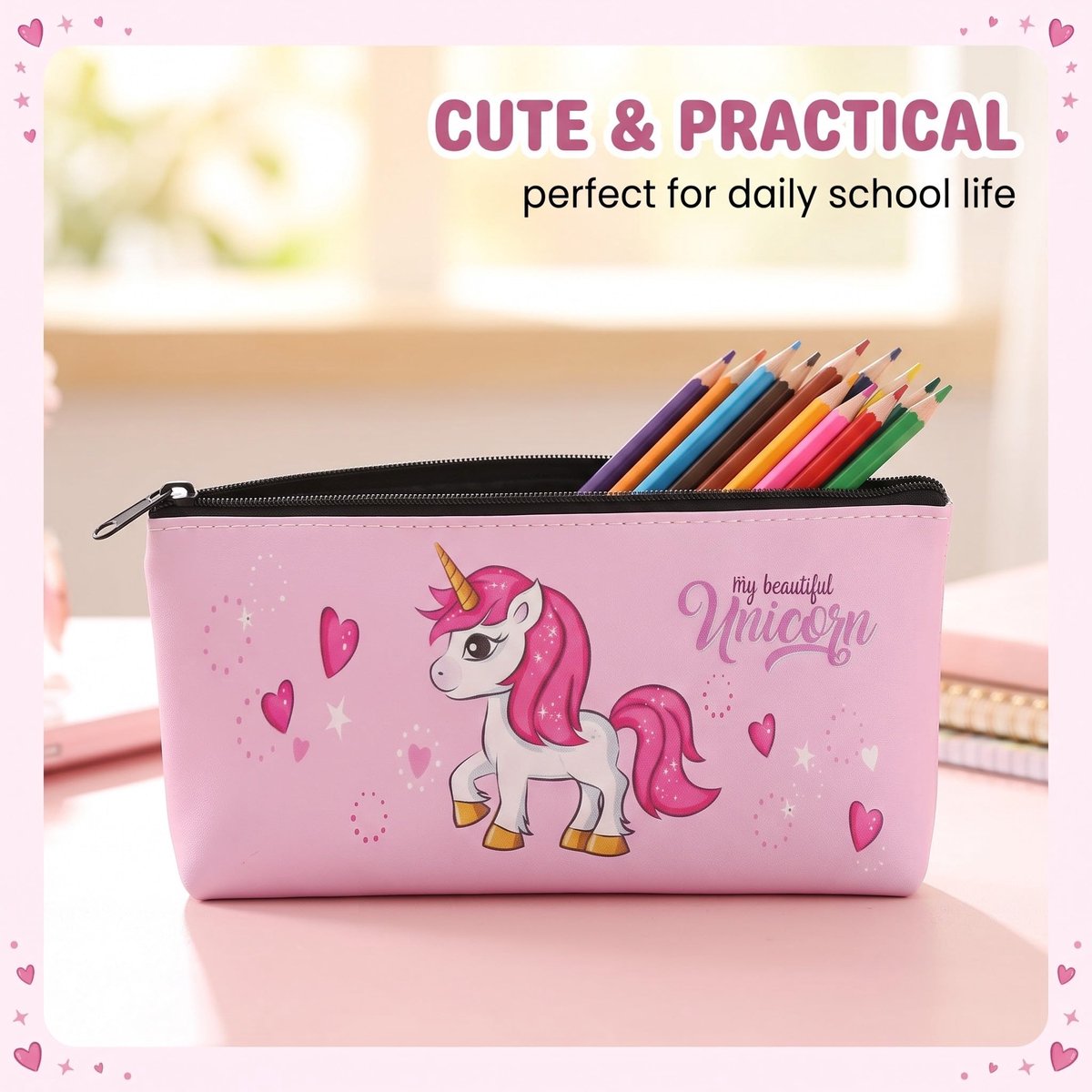 Pennetui voor meisjes - eenhoorn - roze PU-leer - schattig en robuust etui - ShopVlot