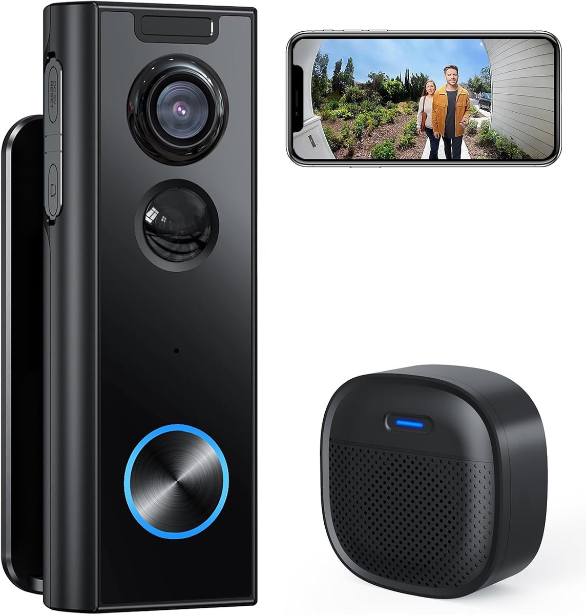 K Video Deurbel, geen abonnement vereist, geschikt geschikt voor Alexa en Google | 4800mAh batterij, lokale en cloudopslag, 2,4GHz wifi, 2K HD-beeldkwaliteit, geschikt geschikt voor Alexa en Google