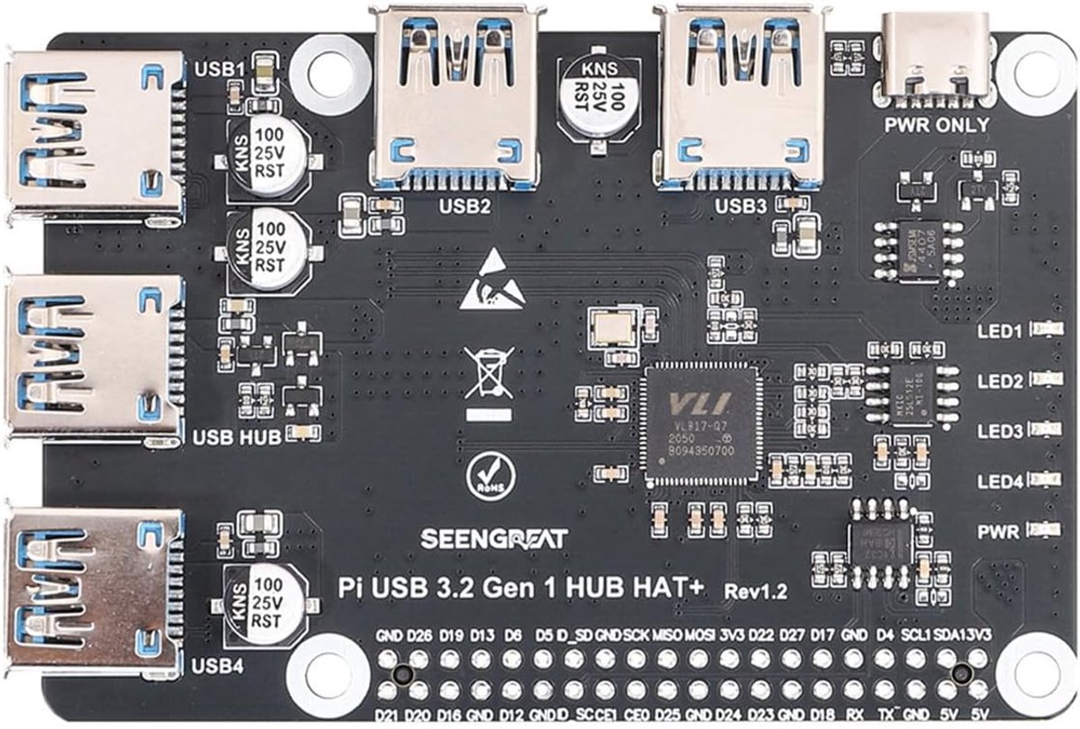 Pi 3.2 Gen1 HUB HAT+ for Raspberry Pi, 4-port high-speed expansion board with Type-C Power Input, built-in EEPROM - ShopVlot