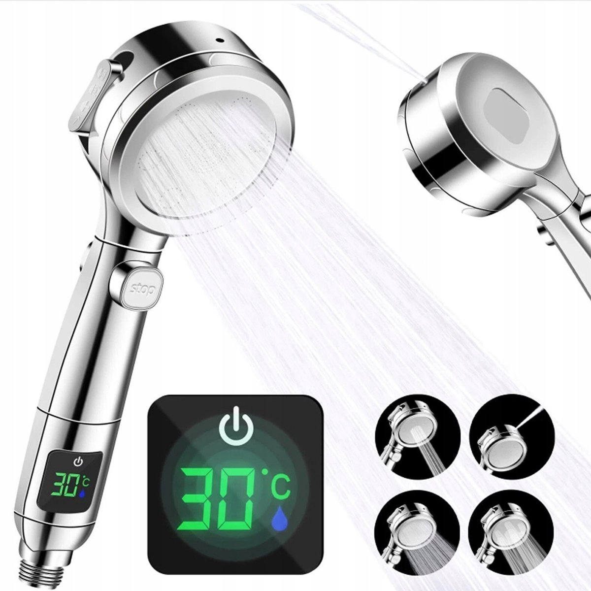 Merkloze Douchekop met LED Temperatuurweergave & 4 standen