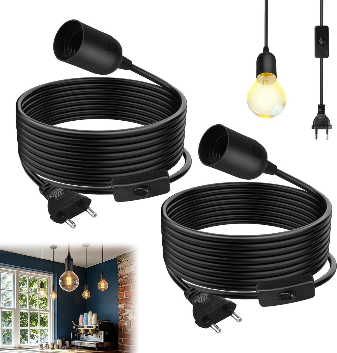 Set of 2 E27 fittings with cable, switch and E27 plug - ShopVlot