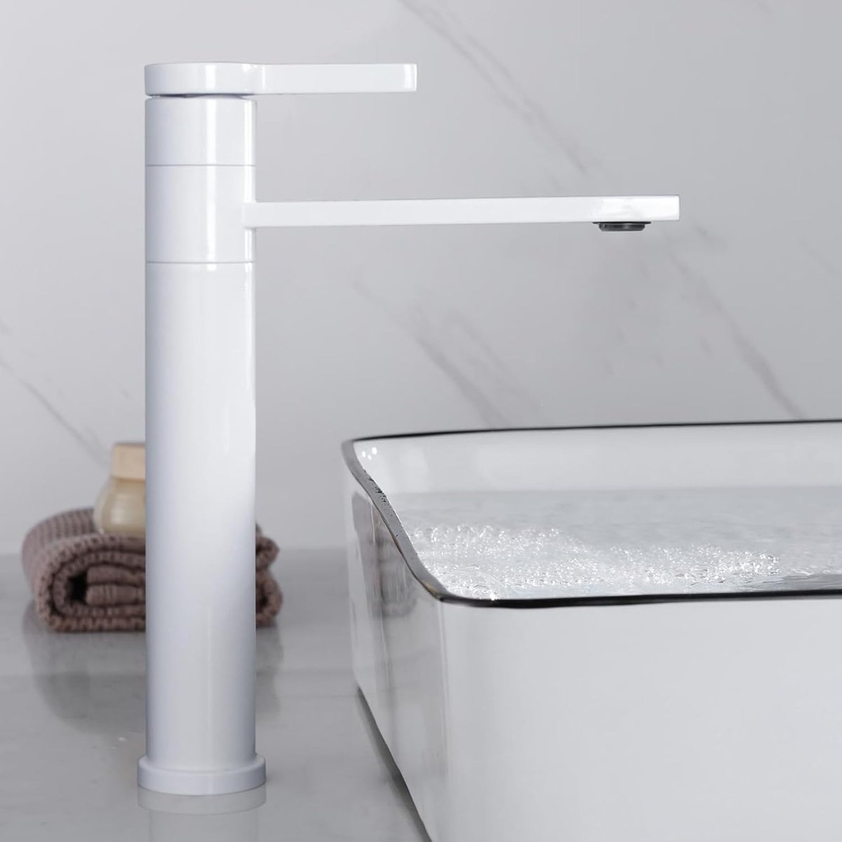 Washbasin luminaire white, water tap bathroom high with 360° swivel spout, basin faucet, mixer tap for top washbasin - ShopVlot
