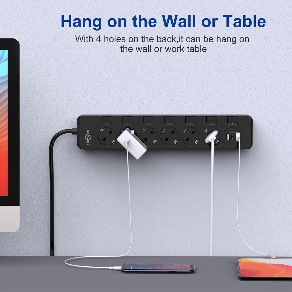 Stekkerdoos met USB - 6 aansluitingen - wandmontage - met kindbeveiliging - SnelShoppen