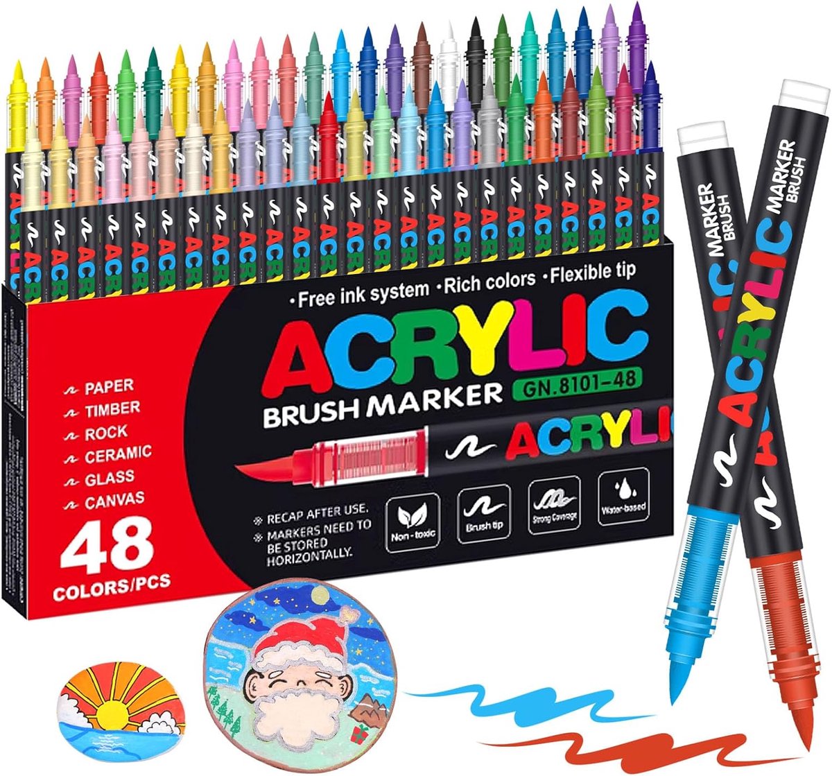 Acryl markers set 48 kleuren - waterdichte verfpen met flexibele kwastpunt - ideaal voor steen, keramiek en textiel - SnelShoppen
