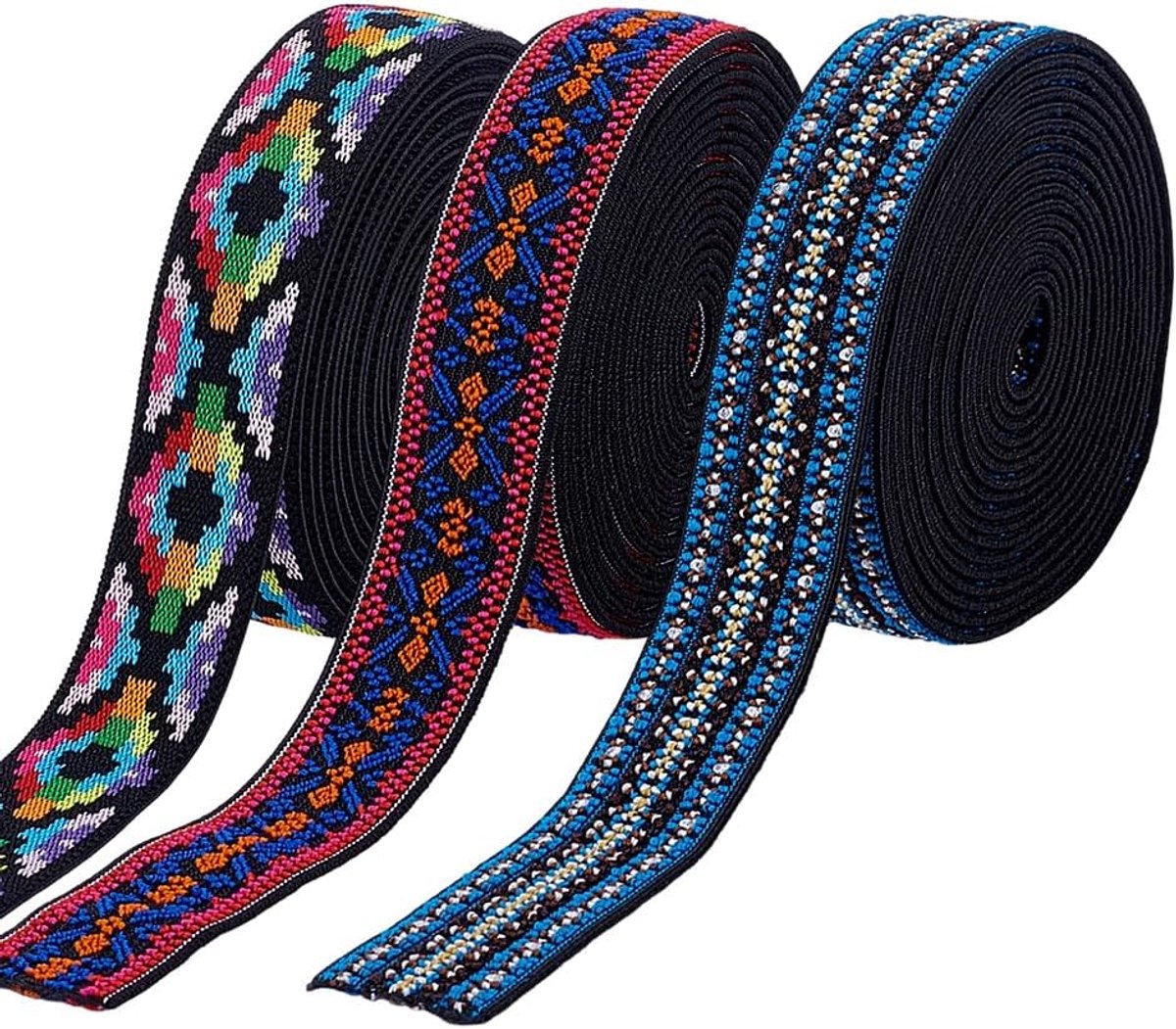 PandaHall 8.2M 3 Stijlen Elastische Jacquard Lint 25Mm Breed Etnische Geborduurde Trim Boho Jacquard Lint Vintage Geweven Trim Voor Singels Kledingstuk Naaien Craft Gordijn Diy Kleding Versiering