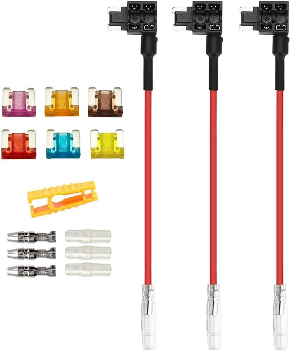 3 Stuks 12V / 24V Laag-Profiel Add-a-Circuit Zekering Adapter, Auto Piggyback Zekeringhouder met 16 AWG Draad, Gratis 6 Stuks Micro Bladzekeringen en Zekeringtrekker (Butt Terminal)