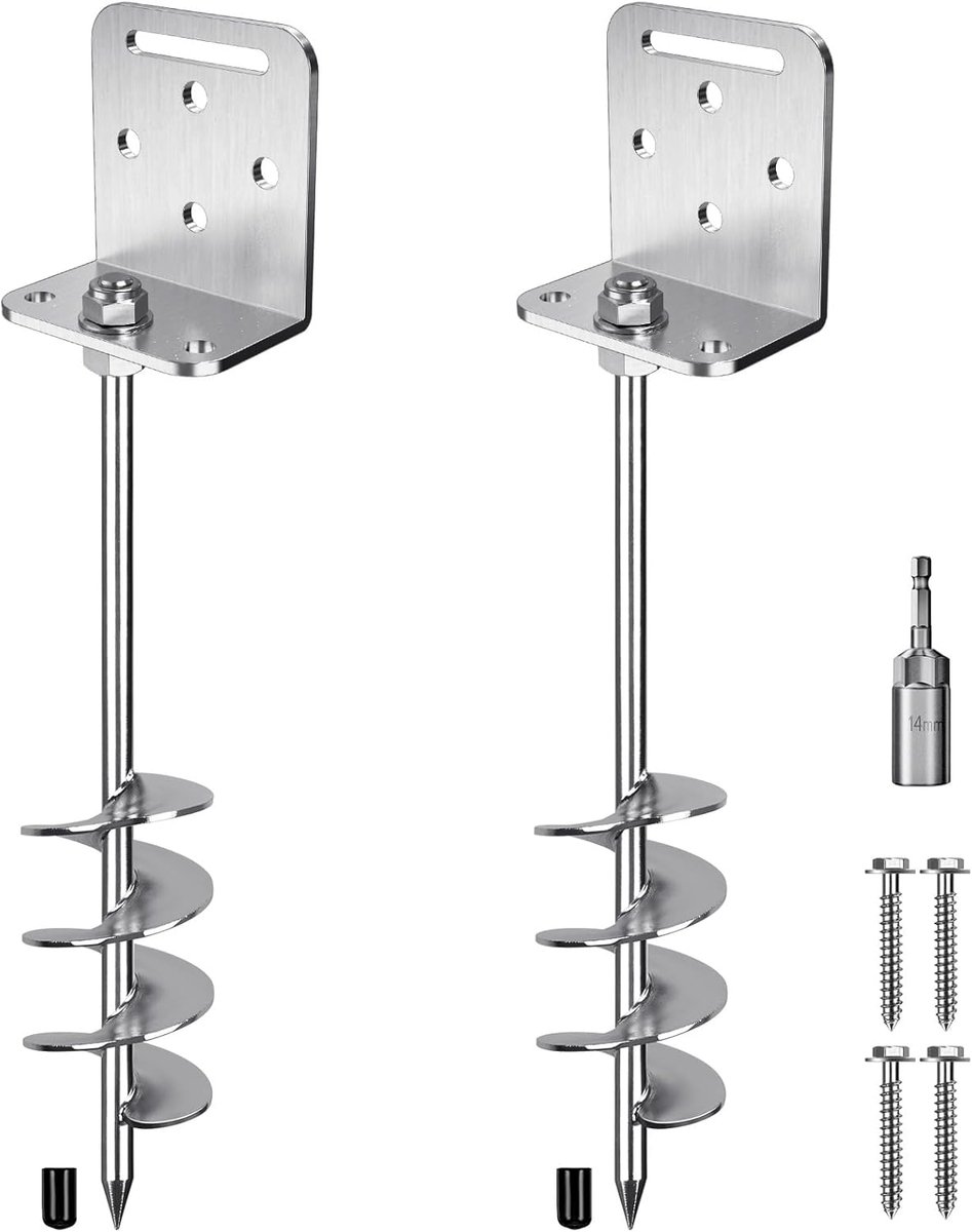 18" Heavy Duty grondankers 10 mm massief staal met L-beugel, voor trampoline stacaravan schommel set schuur carport tent aarde anker hek, 2,7 inch helix mes en verchroomde afwerking, 2 stuks