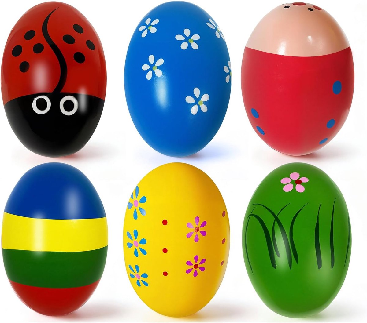 Paasei van hout, eieren, maracas, paaseieren, percussie-eieren, muzikale paaseieren voor paasjacht, gastgeschenken, feestgeschenken, klaslokaal, accessoires (6 stuks) - B