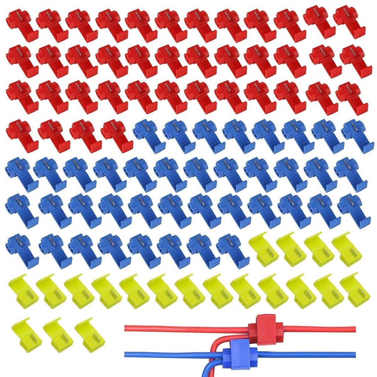 100 stuks stroomdief auto-aftakconnectorset, snelverbinders, kabelaftakverbinders, snelkoppelingen voor kabels, draden en leidingen, rood, blauw, geel, T-tap-klemconnector voor auto, motorfiets (0,5-6