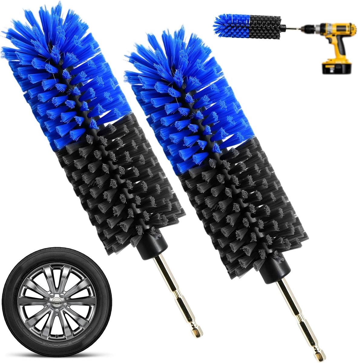 2 stuks velgenborstel, velgenborstel auto met 2 borstels, velgenreiniger, borstelset, wielborstel, velgenborstel voor accuschroevendraaier, voor grondige verzorging van aluminium velgen en
