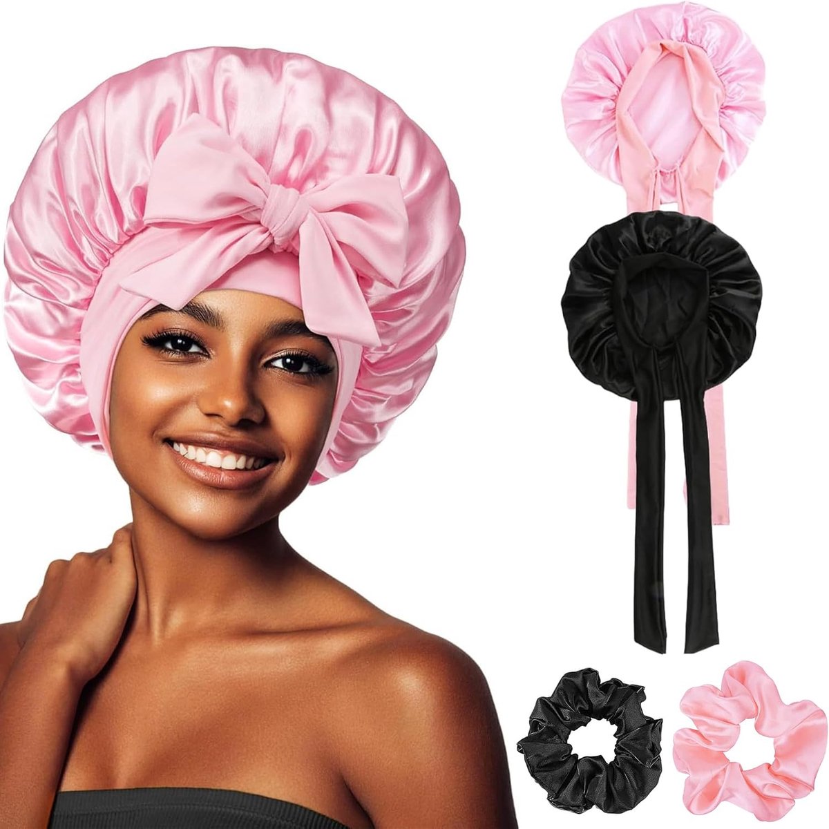 2 stuks satijnen slaapmuts - zijden haarmuts, satijnen bonnet, bonnet satijn, zijden haarbescherming, zijden slaapmuts, met 2 haarelastiekjes