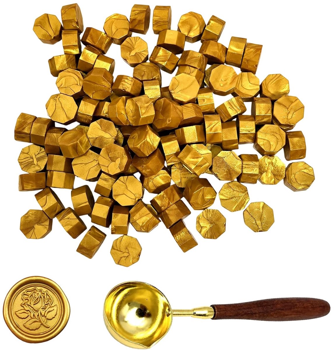 300 stuks goud incl. wassmeltlepel, waszegelkralen voor uitnodigingen, enveloppen, geschenkverpakkingen, doe-het-zelf, met zegelwas goud en gepersonaliseerde zegelstempel