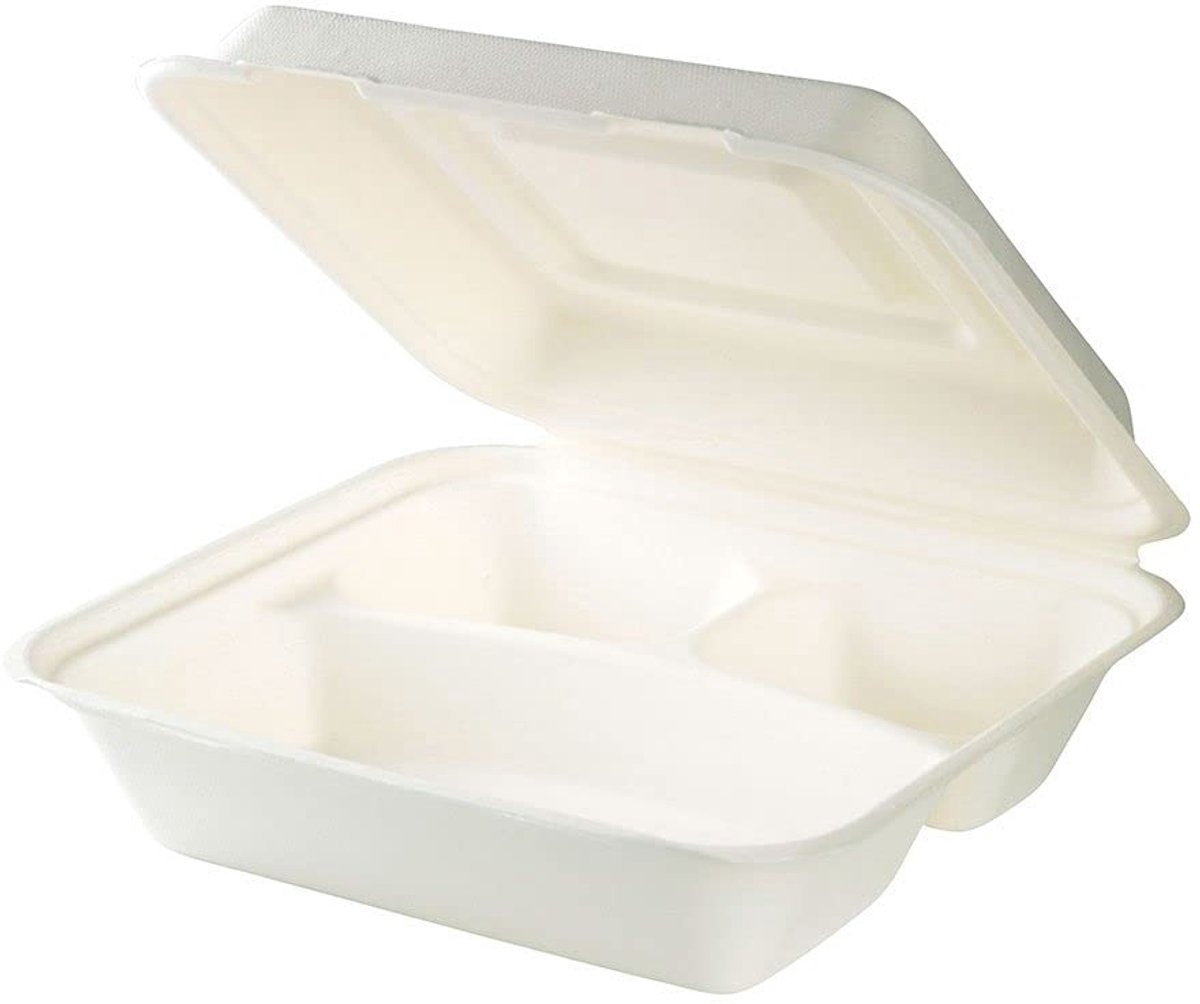 50 stuks suikerriet, 3-delig, duurzaam Take-Away-servies, biologisch afbreekbaar, suikerrietbox voor warme en koude gerechten, ongecoat, 23,8 x 23,9 x 8,1 cm, lunchbox met 3 compartimenten