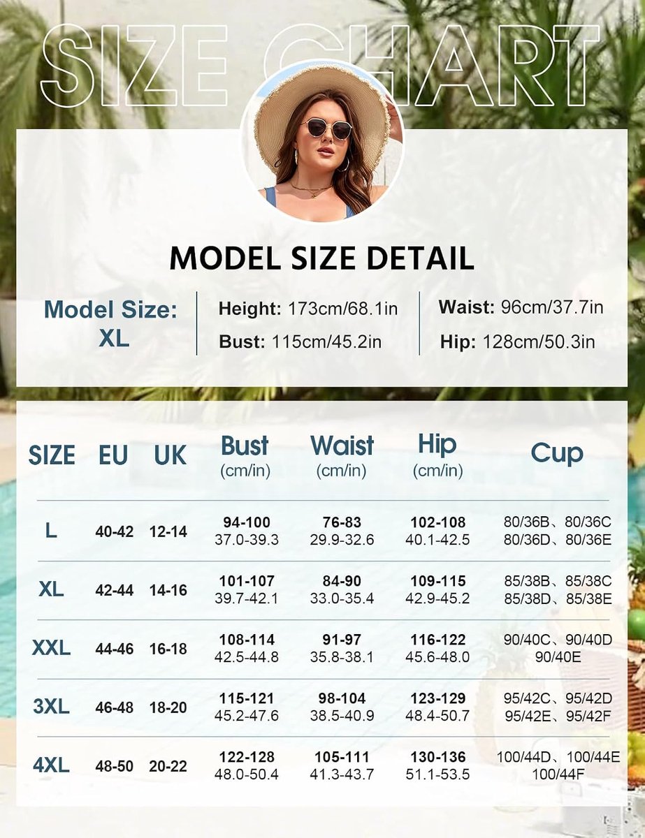 Bikini voor dames, oversized, hoge taille, push-up, V-hals, sexy badpak, plooien, buikcontrole, hoge taille, 2-delige bikiniset