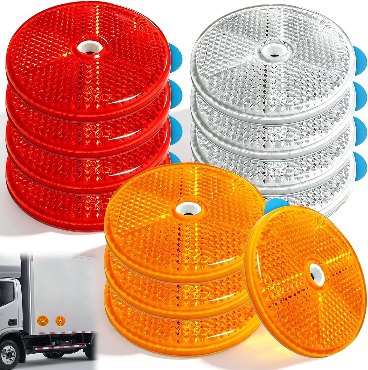 Kattenogen, reflectoren, reflectoren, rond, zijspots, zelfklevend, 12 stuks, 60 mm, oranje, wit, rood, voor aanhanger, auto, tractor, vrachtwagen, caravan, camper