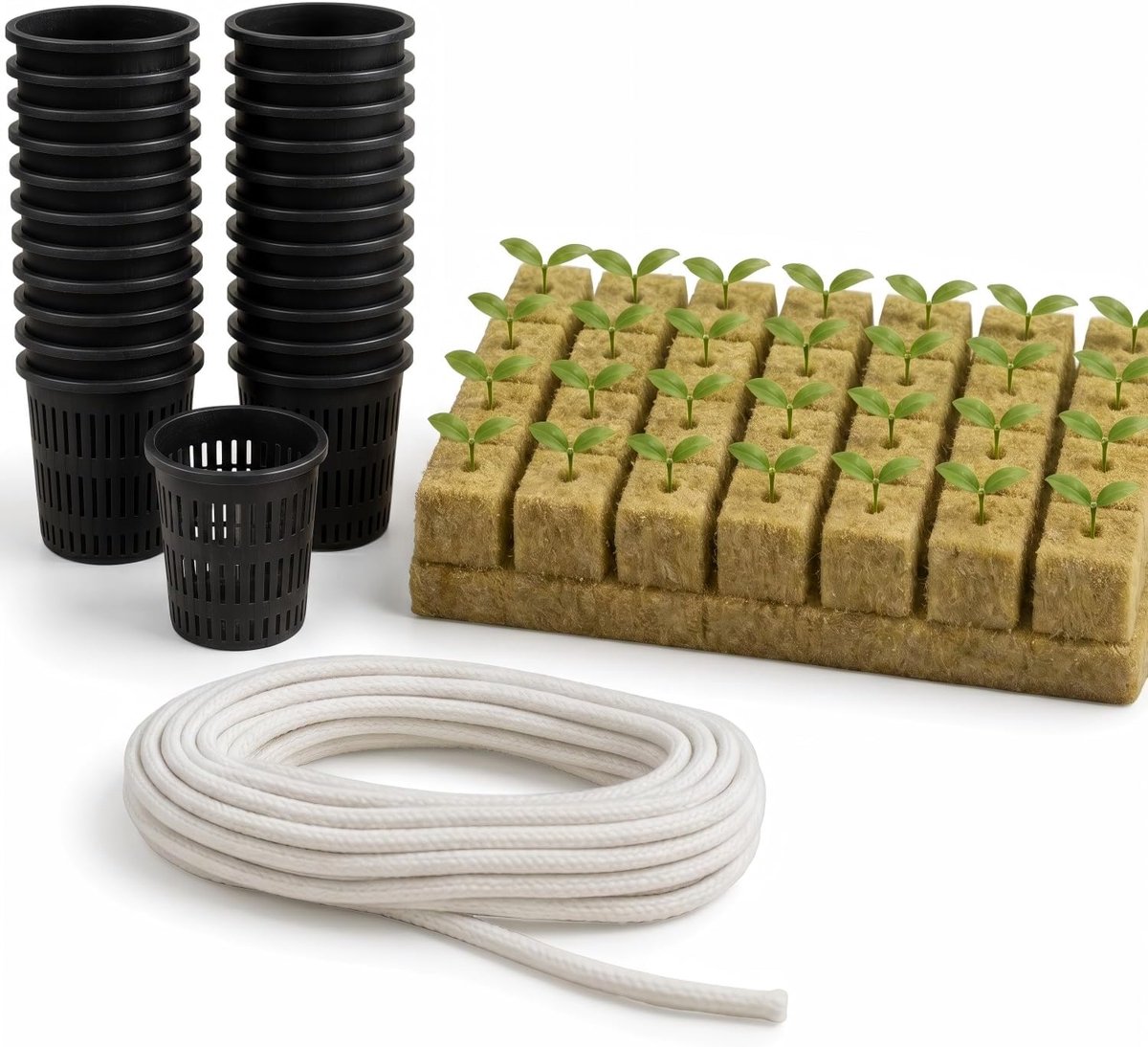76 stuks hydrocultuurplantennetset, 20 stuks 5 cm, potbekers met gleuf net, 36 stuks steenwol kweek, 1 stuk 10 m artikel zelfbewaterend lont van katoen voor hydrocultuur