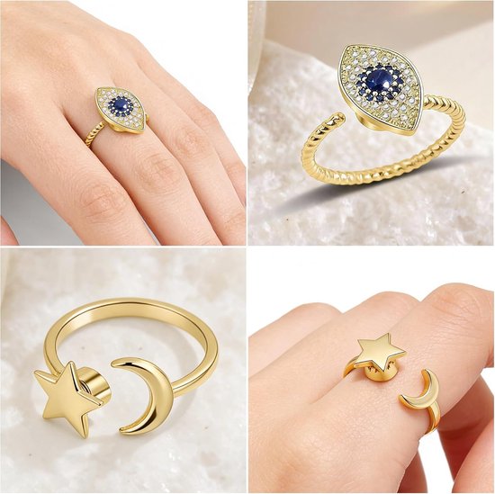 Ring voor Vrouwen Gouden Fidget Ring voor Tiener Meisjes Verstelbare Open Spinner Ringen voor Angst Vrouwen Dochter, Vlinder Maan Ster Zonnebloem Bij Kristal Ringen voor Kerstmis Moederdag Gift — afbeelding 3