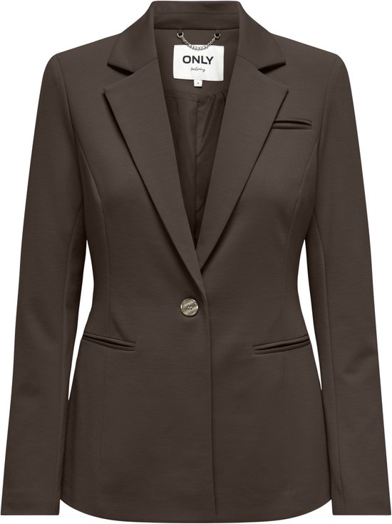 Donkerbruine getailleerde damesblazer met reverskraag, één knoopsluiting en opgestikte zakken.