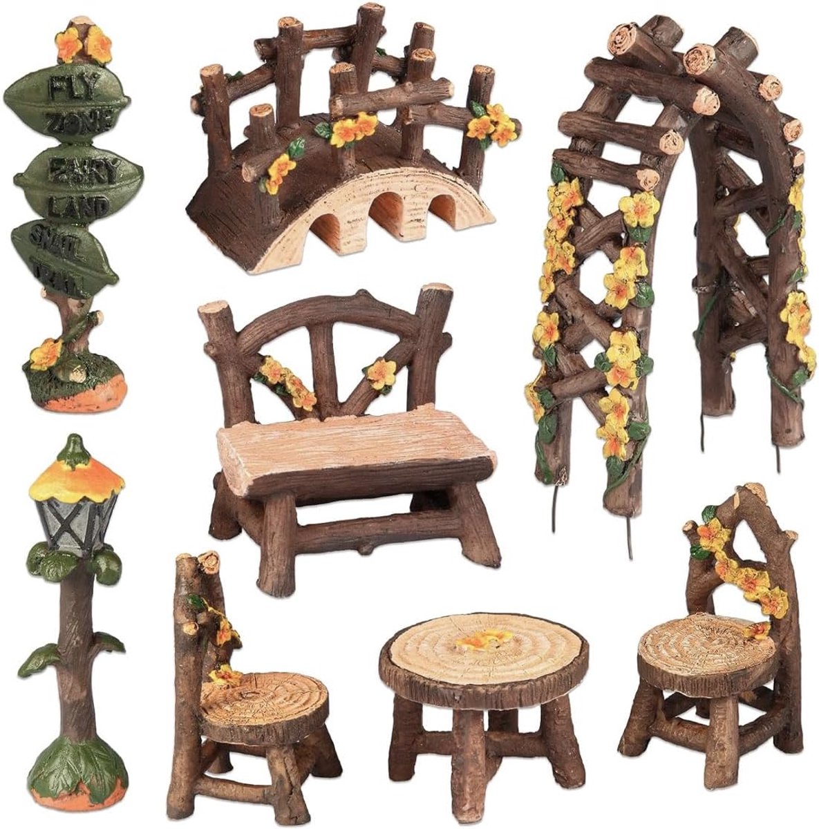 8 stuks miniatuuraccessoires voor een feeëntuin met tafel, stoelen, brug, straatlantaarn, deurboog, wegwijzer en krukken voor poppenhuisdecoratie